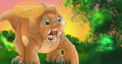 1girls after_fellatio after_sex cera cub cum cum_in_mouth cum_inside dinosaur don_bluth english_text female female_only feral littlefoot outdoors solo text the_land_before_time torinsangel