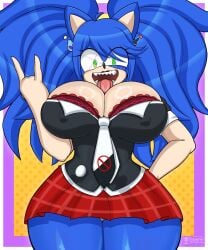 1girls big_breasts blue_hair breasts corbyschmorby danganronpa danganronpa:_trigger_happy_havoc fusion green_eyes hairclip junior_art_ junko_enoshima junko_enoshima_(cosplay) looking_at_viewer rule_63 sharp_teeth skirt sonic_(series) sonic_the_hedgehog sonic_the_hedgehog_(series) sonique_the_hedgehog thick_thighs thighs tongue tongue_out twintails