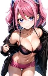 ai_generated armpit_crease bare_shoulders black_bra black_jacket blue_eyes blush boyshort_panties boyshorts bra breasts cleavage closed_mouth collarbone cowboy_shot female groin hair_between_eyes hair_ornament hiiragi_yuzu hood jacket lace lace-trimmed_bra lace_trim large_breasts leaning_forward long_hair long_sleeves looking_at_viewer medium_breasts multicolored_hair navel off_shoulder open_clothes open_jacket pink_hair pink_shorts pixiv rena_aikawa_(pixiv_user) short_shorts shorts sidelocks simple_background smile solo stable_diffusion standing stomach swept_bangs tagme thigh_gap thighs twintails underwear white_background yu-gi-oh! yu-gi-oh!_arc-v