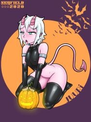 1boy 2020 ahe_gao artist_name bottomless choker demon demon_boy demon_horns demon_tail femboy green_eyes halloween juuri_(skyfield999) latex latex_armwear latex_stockings latex_thighhighs male male_focus male_only nipple_bulge original penis_tuck pink_skin pointy_ears shiny_clothes skyfield999 solo solo_focus solo_male stockings thighhighs tongue tongue_out twink wariza white