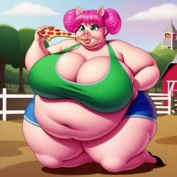 ai_generated bbw big_ass big_belly big_breasts double_bun fat_ass fat_belly green_eyes large_ass large_breasts original_character pig_ears pig_girl pig_nose pink_hair ssbbw