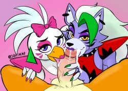 2girls anthro anthro_on_anthro artist_signature blue_eyes bow collaborative_fellatio cum double_fellatio eyelashes facepaint fellatio five_nights_at_freddy's five_nights_at_freddy's:_security_breach fnaf glamrock_chica_(fnaf) glamrock_freddy_(fnaf) green_nails long_hair penis pov roxanne_wolf_(fnaf) squishcap_(artist) yellow_eyes