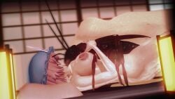 3d belly_button big_breasts blush cockroach cuddling hat holding insects interspecies kissing koikatsu nipples nude pink_hair sucking_nipples sweat touhou vaginal_penetration yuyuko_saigyouji