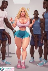 1girls 3boys ai_generated bianca_blackwood big_lips big_penis bimbo blonde_hair dark-skinned_male dark_skin dartzai female interracial large_breasts male