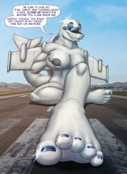 aircraft anthro breasts dialogue donoma english_text feet female foot_focus hi_res living_aircraft living_machine living_vehicle machine nipples non-mammal_nipples redfeathers solo text vehicle