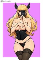 blonde_hair blue_eyes corset covering_breasts covering_face earrings gourdlumpins hair_ornament hips jewelry lace large_breasts lingerie magik_(illyana_rasputin) magik_(marvel_rivals) marvel marvel_comics marvel_rivals nail_polish panties selfie simple_background stockings thighhighs thighs topless x-men