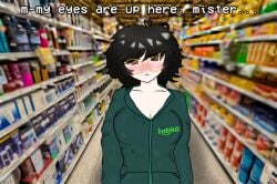 1girls alley black_hair brown_eyes clerk female female_only fully_clothed glasses hoodie looking_at_viewer shop showa standing store