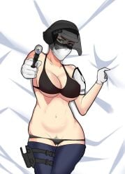 animated bikini breasts doc_(rainbow_six) face_mask female french french_female genderswap_(mtf) helmet large_breasts looking_at_viewer medical_gloves pinup pubic_hair rainbow_six_siege rule_63 tactical_nudity underwear