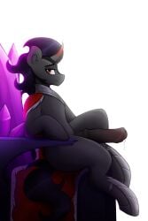 1boy animal_genitalia animal_penis czu equine_penis friendship_is_magic gray_fur hi_res horn king_sombra_(mlp) male_focus medial_ring my_little_pony pony precum precum_drip profile purple_hair red_eyes smug solo solo_male unicorn unicorn_horn