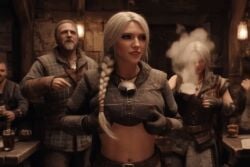 ai_generated animated animated braid breasts cd_projekt_red ciri exhibitionism female ivolegrey light-skinned_female mascara nipples presenting_breasts public public_nudity tavern the_witcher_(series) the_witcher_4 undressing white_hair