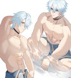 barely_visible_penis blue_eyes honkai:_star_rail in_water kaon7lv loincloth loincloth_aside male_only muscular_male penis_out phainon_(honkai:_star_rail) smiling_at_viewer white_hair