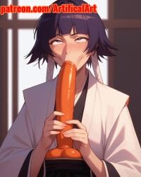 1girls ai_generated artifical_art black_hair bleach bleach:_the_thousand-year_blood_war blush dildo_in_mouth incest rolling_eyes sex_toy slender_body small_breasts soifon solo sucking sucking_dildo