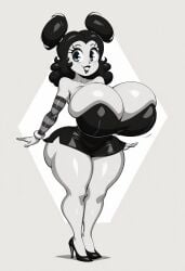 ai_generated ass big_ass big_breasts black_and_white black_eyes black_hair blush bottomless breasts bubble_butt child_bearing_hips cleavage double_bun eyebrows eyelashes female gloves hair_balls high_heels huge_ass human lipstick mickey_mouse_ears monochrome pac-man_eyes rockinranger sally_mcboing sideboob skirt sleeves thick_thighs thigh_highs