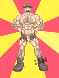 1boy 1male abs bara belt blue_eyes body_hair boots cowboy_hat dilf erect_penis erection facial_hair foreskin full_body furei hairy hands_on_hips hat human intact male male_nipples male_only masculine mature_male muscle muscles muscular_male mustache open_pants pants_open partially_retracted_foreskin pecs penis penis_out precum_drip presenting pubes pubic_hair saxton_hale shirtless shorts solo tagme team_fortress_2 topless two_tone_background uncut