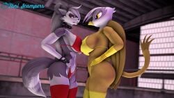 2girls 3d 3d_(artwork) angry anthro anthrofied avian big_breasts bra breasts canid canine collar demon feathered_wings female friendship_is_magic gilda_(mlp) grey_body grey_fur grey_hair gryphon hair hasbro hellhound helluva_boss long_hair loona_(helluva_boss) multicolored_body multicolored_fur my_little_pony red_sclera source_filmmaker source_filmmaker_(artwork) spiked_collar spikes tail toniscampers white_body white_eyes white_fur wings