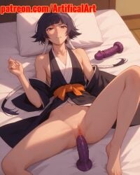 1girls ai_generated artifical_art black_hair bleach bleach:_the_thousand-year_blood_war blush clitoris dildo dildo_in_pussy incest masturbation pussy sex_toy slender_body small_breasts soifon solo spread_legs