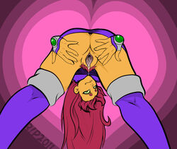 1girls 2011 bent_over boots dc female green_eyes green_sclera long_hair orange_skin pubic_hair pussy pussy_juice r!p red_hair smile solo solo_focus spread_pussy starfire teen_titans thighhighs