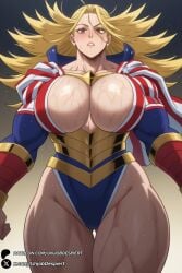 1girls ai_generated ass_visible_through_thighs blonde_hair blush boku_no_hero_academia breasts brown_eyes cape cleavage collarbone cowboy_shot floating_hair gradient gradient_background highleg highleg_leotard huge_breasts large_breasts leotard long_hair looking_at_viewer muscular muscular_female my_hero_academia parted_lips red_cape solo star_and_stripe_(boku_no_hero_academia) star_and_stripe_(my_hero_academia) superhero sweat thick_thighs thigh_gap thighs unjobdespiert