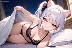 ai_generated bed bed_invitation bedroom bedroom_eyes black_bra black_panties bra cat_ears catgirl ember_paradox female inviting inviting_under_covers laying_on_bed laying_on_side looking_at_viewer medium_breasts panties ponytail red_eyes self_upload side_ponytail smile solo solo_female under_the_covers virtual_youtuber vtuber vtuberfanart white_hair