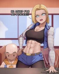 abs android_18 athletic athletic_female bigger_female blonde_female blonde_hair blonde_hair_female blue_eyes breasts clothed clothed_female clothed_male cyborg cyborg_girl dragon_ball dragon_ball_z embarrassed_male fluffy_dus human human_male husband_and_wife krillin kuririn larger_female light-skinned_female light-skinned_male light_skin looking_at_viewer meme midriff public shorter_male smaller_male taller_female taller_girl taller_woman toned toned_female