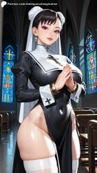 ai_generated ambiguous_imagination big_breasts brown_eyes chun-li double_bun hair_bun looking_at_viewer makeup nun_outfit pelvic_curtain thick_ass thick_thighs wide_hips