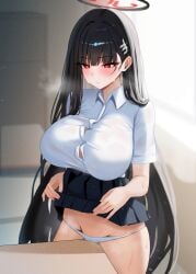 1girls absurdres alternate_costume black_hair black_skirt blue_archive blush breasts bright_pupils collared_shirt corner_masturbation crotch_rub desk female female_masturbation female_only hair_ornament hairclip halo highres huge_breasts long_hair looking_at_viewer masturbation mijikayo panties partially_unbuttoned red_eyes rio_(blue_archive) school_desk school_uniform shirt short_sleeves skirt solo solo_female sweat table_humping thighs underwear very_long_hair white_panties white_pupils white_shirt