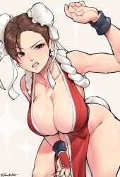 1girls 2025 2d arm_up bent_over big_breasts breasts brown_eyes brown_hair capcom chun-li cleavage clothed clothing color double_bun dracksart female female_only hanging_breasts large_breasts light-skinned_female light_skin looking_at_viewer mai_shiranui_(cosplay) revealing_clothes solo solo_female street_fighter sweat sweating sweaty sweaty_body thick_thighs thighs tied_hair wide_hips