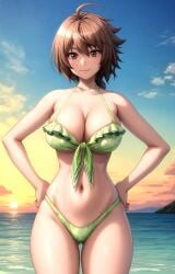 ahoge ai_generated aku_no_onna_kanbu ass_visible_through_thighs bare_shoulders bikini blush braid breasts brown_eyes brown_hair cleavage closed_mouth cloud collarbone cowboy_shot female frilled_bikini frills front-tie_bikini_top front-tie_top green_bikini hair_between_eyes hands_on_own_hips horizon juugoya_tsukimi large_breasts looking_at_viewer navel ocean outdoors pixiv rena_aikawa_(pixiv_user) short_hair sky smile solo stable_diffusion standing sunset swimsuit tagme thighs water