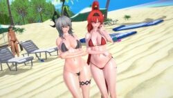 beach big_ass big_breasts bikini blush brown_skinned_male elf_ears green_hair horn koikatsu long_hair lynlynop ponytail red_hair swimsuit white_hair wuthering_waves yinlin_(wuthering_waves) zani_(wuthering_waves)