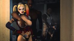 angry blowjob catwoman catwoman_(arkham) dark-skinned_male face_fucking grabbing_breasts harley_quinn harley_quinn_(arkham) looking_at_viewer money money_under_clothes prostitution smoking