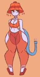 big_breasts big_thighs blue_skin child_bearing_hips heels lamp navel necklace orange_clothing robot sketchfins tail tired_eyes wire