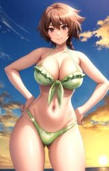 ai_generated aku_no_onna_kanbu ass_visible_through_thighs bare_shoulders bikini blue_sky blush braid braided_ponytail breasts brown_eyes brown_hair cleavage closed_mouth cloud collarbone cowboy_shot female frilled_bikini frills front-tie_top green_bikini hair_between_eyes hands_on_own_hips horizon juugoya_tsukimi large_breasts long_hair looking_at_viewer navel ocean outdoors pixiv rena_aikawa_(pixiv_user) single_braid sky smile solo stable_diffusion standing stomach sunset swimsuit tagme thighs