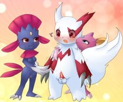 blush breasts claws color cum female feral fur interspecies male multiple_females nude penis pokemon pokemon_(species) shiny_pokemon shiny_sneasel sneasel standing straight tagme testicles vulva weavile zangoose