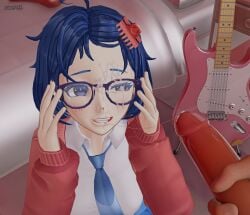 1boy 1boy1girl 1girls 3d 3d_(artwork) 3difill after_fellatio blue_hair blush cum cum_on_face cum_on_glasses cumshot facial glasses mila_(miside) miside mita_(miside) penis tagme