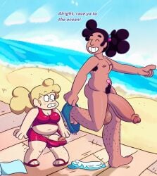 beach big_penis blonde_hair bushy_pubes cartoon_network dwonksa hairy_armpits hairy_legs penis penis_ring sadie_miller steven_universe stevonnie text undressing