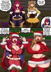 alear_(female)_(fire_emblem) alear_(fire_emblem) beauty_mark big_lips bimbofication boob_window christmas christmas_outfit fire_emblem fire_emblem_engage goldmary_(fire_emblem) hinata-hime large_breasts nintendo red_hair stars tagme text thick_thighs yunaka_(fire_emblem)