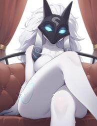 1girls ai_generated furry kindred lamb_(league_of_legends) league_of_legends looking_at_viewer mask masked_female naked naked_female sitting_on_couch