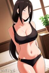 ae8ty6 ai_generated bedroom big_breasts blush boruto:_naruto_next_generations bra breasts brown_hair cleavage curvaceous curvy curvy_figure hair_between_eyes highres hyuuga_hanabi indoors light-skinned_female light_skin long_hair looking_at_viewer midriff naruto naruto_(series) panties ponytail pose posing posing_for_the_viewer smile solo underwear upper_body very_long_hair watermark white_eyes