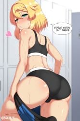 ai_assisted ai_generated aroused ass ass_focus black_bra black_panties blonde_hair blush bra bridget bulge bulge_through_clothing crossdressing english_text from_behind guilty_gear guilty_gear_strive gym_clothes large_ass locker_room looking_at_viewer looking_back panties round_ass scarabb self_upload sports_bra standing sweat sweatdrop sweaty taking_off_pants text thick_thighs thighs undressing watermark wide_hips