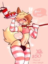 1boy 2025 anthro arm_warmers belly blush bulge bulge_through_clothing canine collar cropped_tank_top drink femboy food furry gay good_boy grabbing_leash heart leash panties pulling_on_leash sammy_toyy stomach tail thigh_highs tongue_out tray tremble_lines tremble_spikes ych