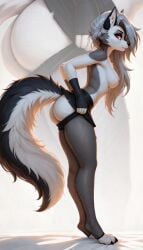 absurd_res ai_generated anthro arched_back ass ayo_keito bottomwear breasts canid canid_demon claws clothing clothing_pull demon female fingerless_gloves fishnet fishnet_legwear from_side fur gloves grey_body grey_fur hair handwear hellhound helluva_boss hi_res legwear long_hair looking_away loona_(helluva_boss) mammal medium_breasts mouth_closed nipples notched_ear red_sclera silver_hair skirt solo standing thigh_highs toeless_legwear white_body white_eyes white_fur