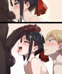 1girls 2boys ai_generated big_penis cuckold cum cum_in_mouth dark-skinned_male dark_skin fellatio female interracial kaguya-sama_wa_kokurasetai_~tensai-tachi_no_renai_zunousen~ male shinomiya_kaguya shirogane_miyuki tyrone666