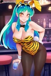 ai_generated bar black_pantyhose blue_hair bunny_ears embarrassed green_hair hand_on_hip hi_res highres holding_glass leaning_forward leotard long_hair looking_at_viewer lum medium_breasts multicolored_hair night playboy_bunny primosan smile standing striped striped_leotard urusei_yatsura yellow_eyes yellow_leotard