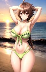 ahoge ai_generated aku_no_onna_kanbu armpits arms_behind_head arms_up bare_shoulders beach bikini blush braid braided_ponytail breasts brown_eyes brown_hair cleavage closed_mouth cloud collarbone cowboy_shot female frilled_bikini frills front-tie_bikini_top front-tie_top green_bikini highleg horizon juugoya_tsukimi large_breasts long_hair looking_at_viewer navel ocean outdoors pixiv rena_aikawa_(pixiv_user) single_braid sky smile solo stable_diffusion standing stomach sunset swimsuit tagme thighs water