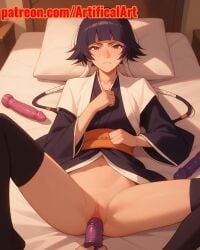 1girls ai_generated artifical_art black_hair bleach bleach:_the_thousand-year_blood_war blush clitoris dildo dildo_in_pussy incest masturbation pussy sex_toy slender_body small_breasts soifon solo spread_legs