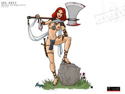 axe beige_skin blood blood_stain bloody_axe breasts color female flower front_view green_eyes hair knife lizard looking_at_viewer necklace nipple_piercing nipples open_eyes piercing red_blood red_hair red_sonja rock trdl white_background