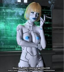 1girls 3d android blonde_hair blue_eyes blue_lipstick breasts cigarette female gynoid looking_at_viewer master_anax nipples nude robot robot_girl smoking solo