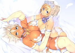 2girls ass bikini blonde_hair blue_eyes breasts bride choker cleavage dark-skinned_female dark_skin elbow_gloves female gloves large_breasts lying muscular_female on_stomach original ribbon sela_(sela_god) sela_god short_hair side-tie_bikini smile thighhighs ursula_(sela_god) veil wedding_lingerie wife_and_wife yuri