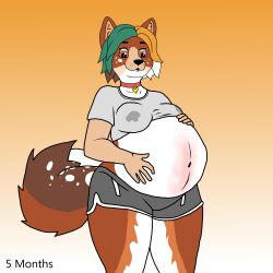 absurd_res anthro athletic_wear bodily_fluids breasts canid canine canis domestic_dog female fluffy fluffy_tail hi_res lactating mammal pregnant pregnant_female shiba_inu solo spitz tail thick_thighs zoey_the_shiba