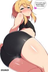 ai_assisted ai_generated aroused ass ass_focus blonde_hair blush bridget bulge bulge_through_clothing crop_top english_text from_behind guilty_gear guilty_gear_strive hand_on_ass heart kissy_face large_ass looking_at_viewer lying_on_side presenting presenting_ass round_ass scarabb self_upload shorts simple_background smile spats_shorts standing sweat sweatdrop sweaty text text_bubble thick_thighs thighs watermark white_background wide_hips